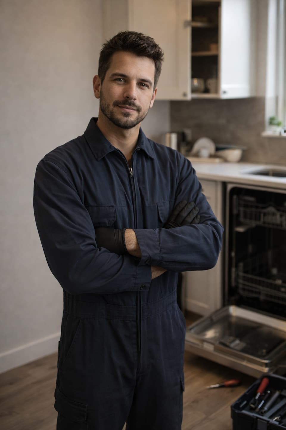 HAXX technician diagnosing dishwasher repair issue