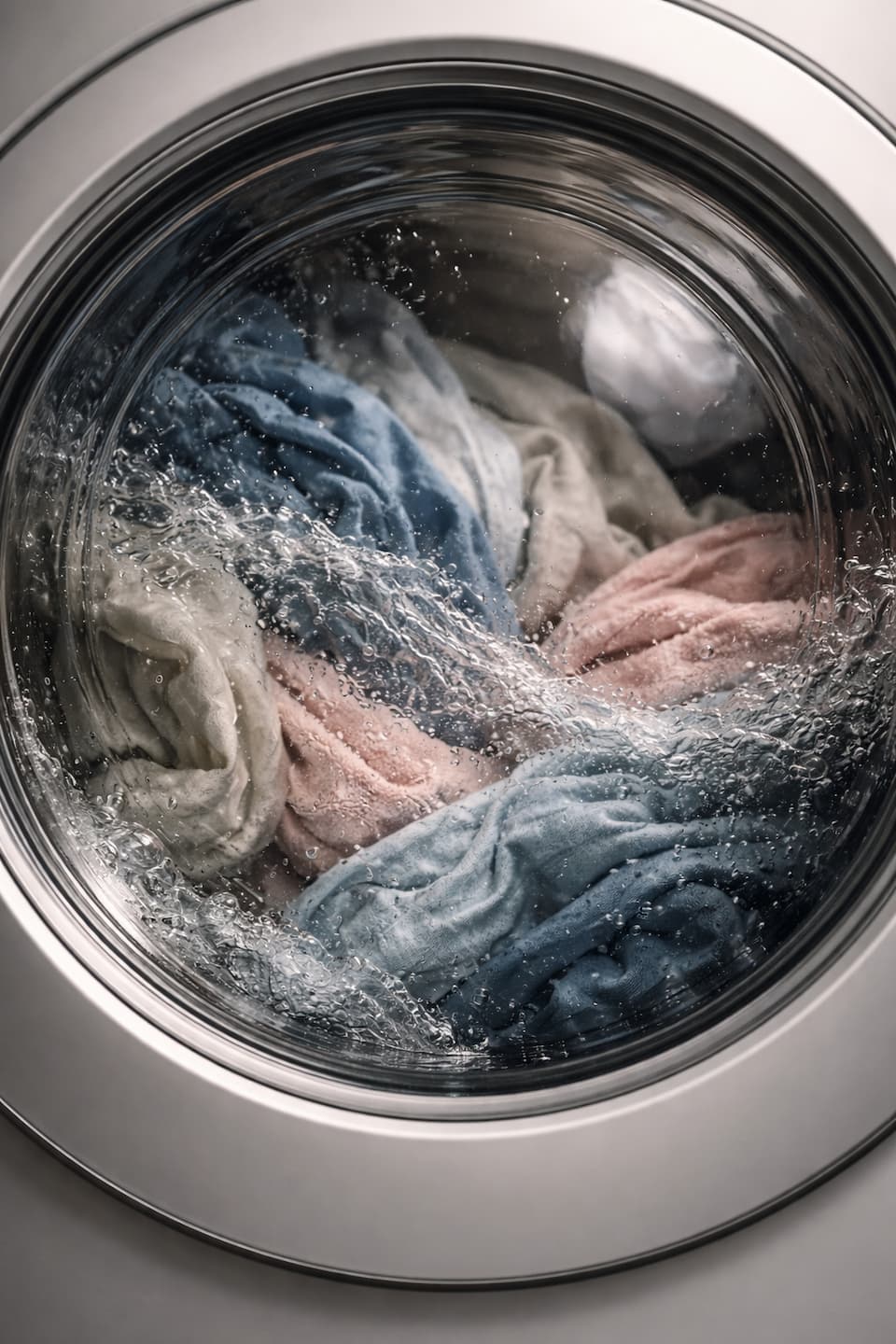 washing machine drum with water motion and clothes inside