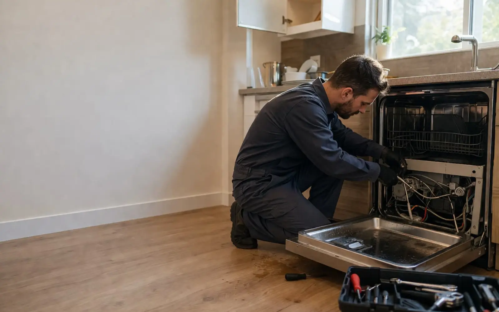 Illustration of a technician repairing a built-in dishwasher