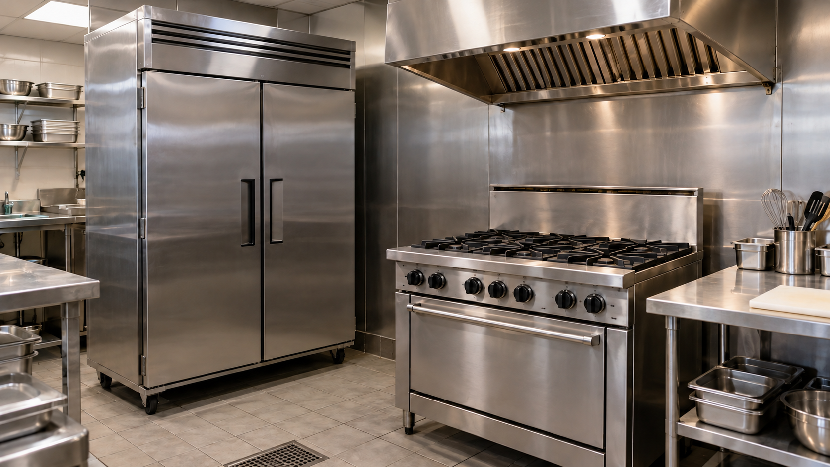 Concept image of a commercial kitchen with a stainless refrigerator, gas range and extraction hood