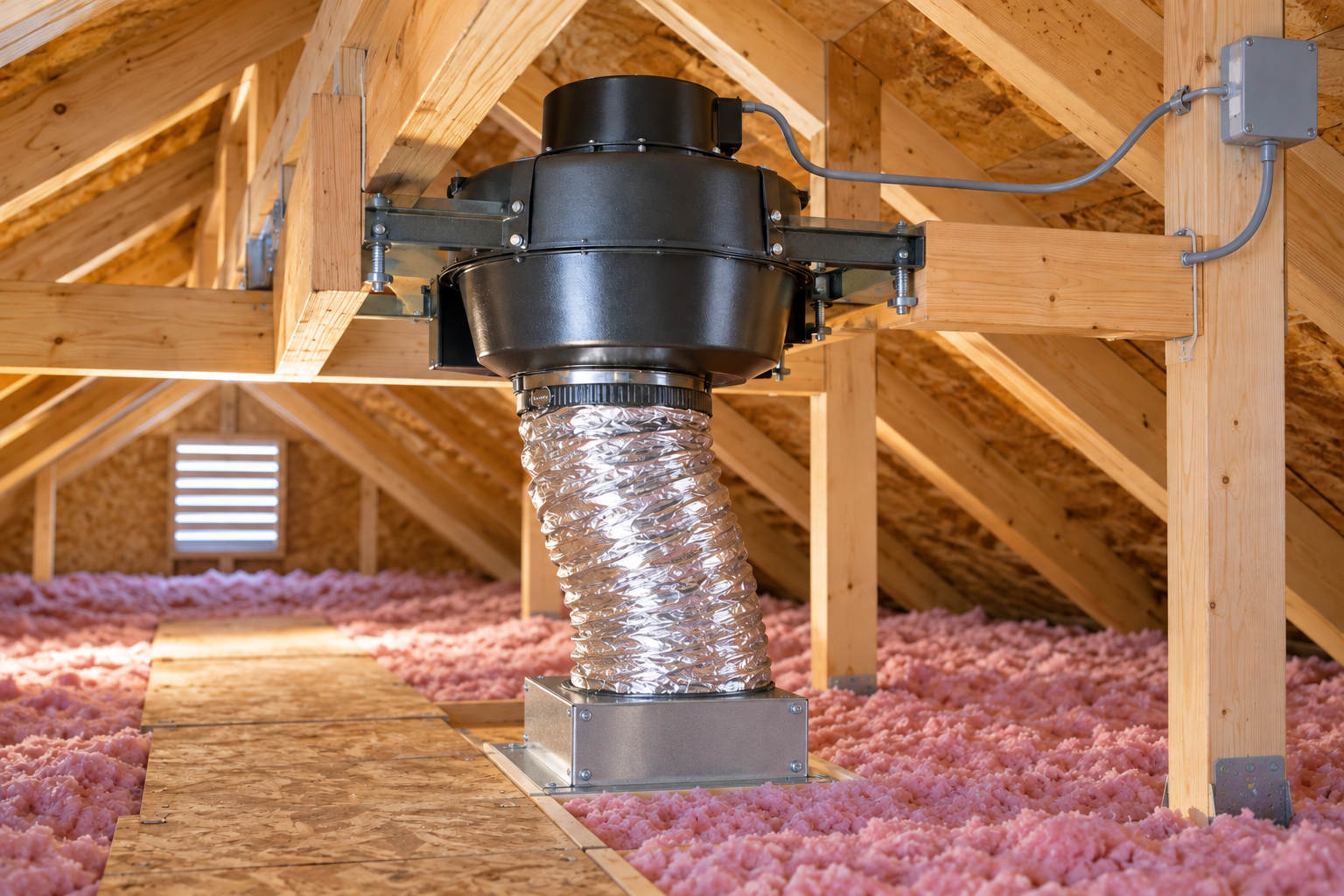 Concept image of an attic-mounted whole-house fan connected to an insulated duct