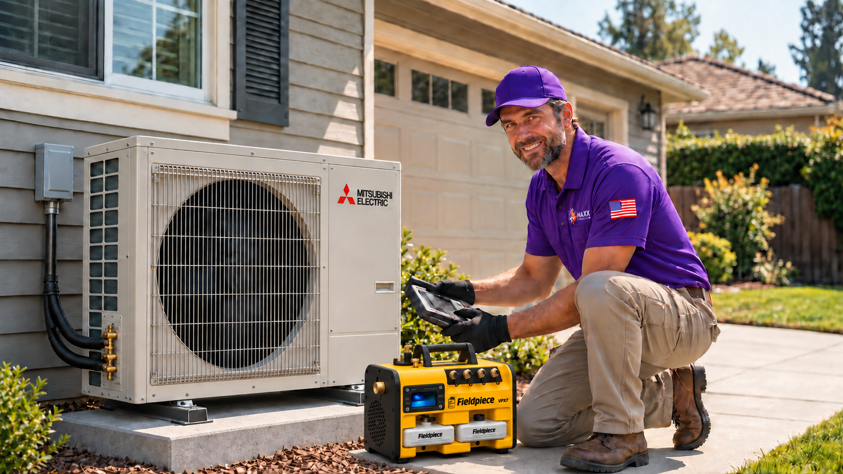 Edited concept image of a technician in a plain purple cap and purple HAXX polo with a US flag sleeve patch and khaki trousers beside one single-fan Mitsubishi Electric outdoor unit and one larger yellow Fieldpiece pump