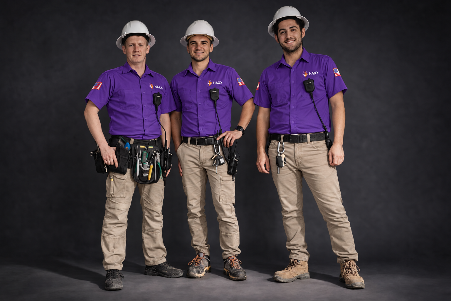 Edited concept image of three technicians in purple HAXX and fox shirts with US flag sleeve patches, hard hats and light work trousers