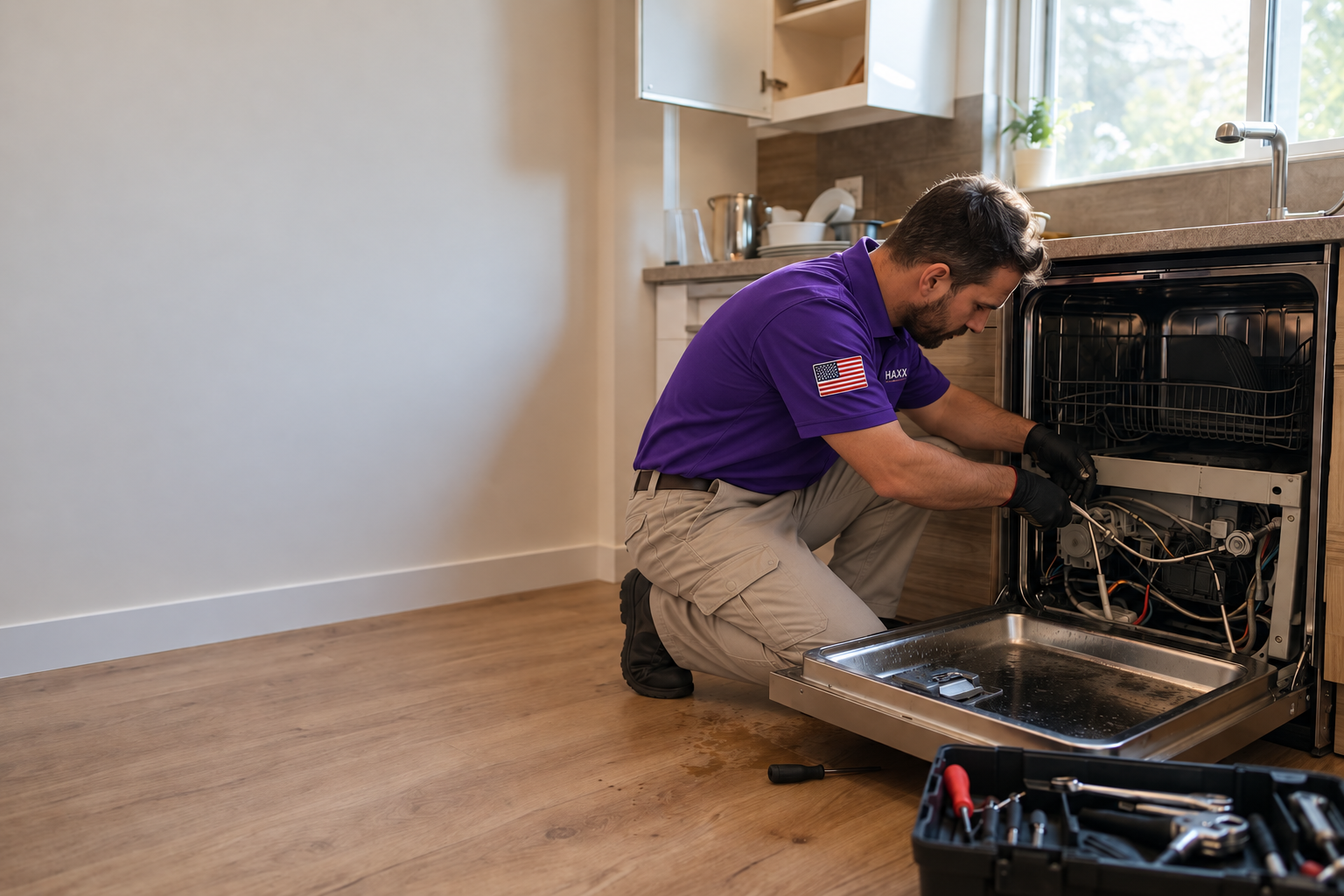Edited concept image of a bareheaded technician in a purple HAXX polo with a US flag sleeve patch and khaki work trousers diagnosing a dishwasher