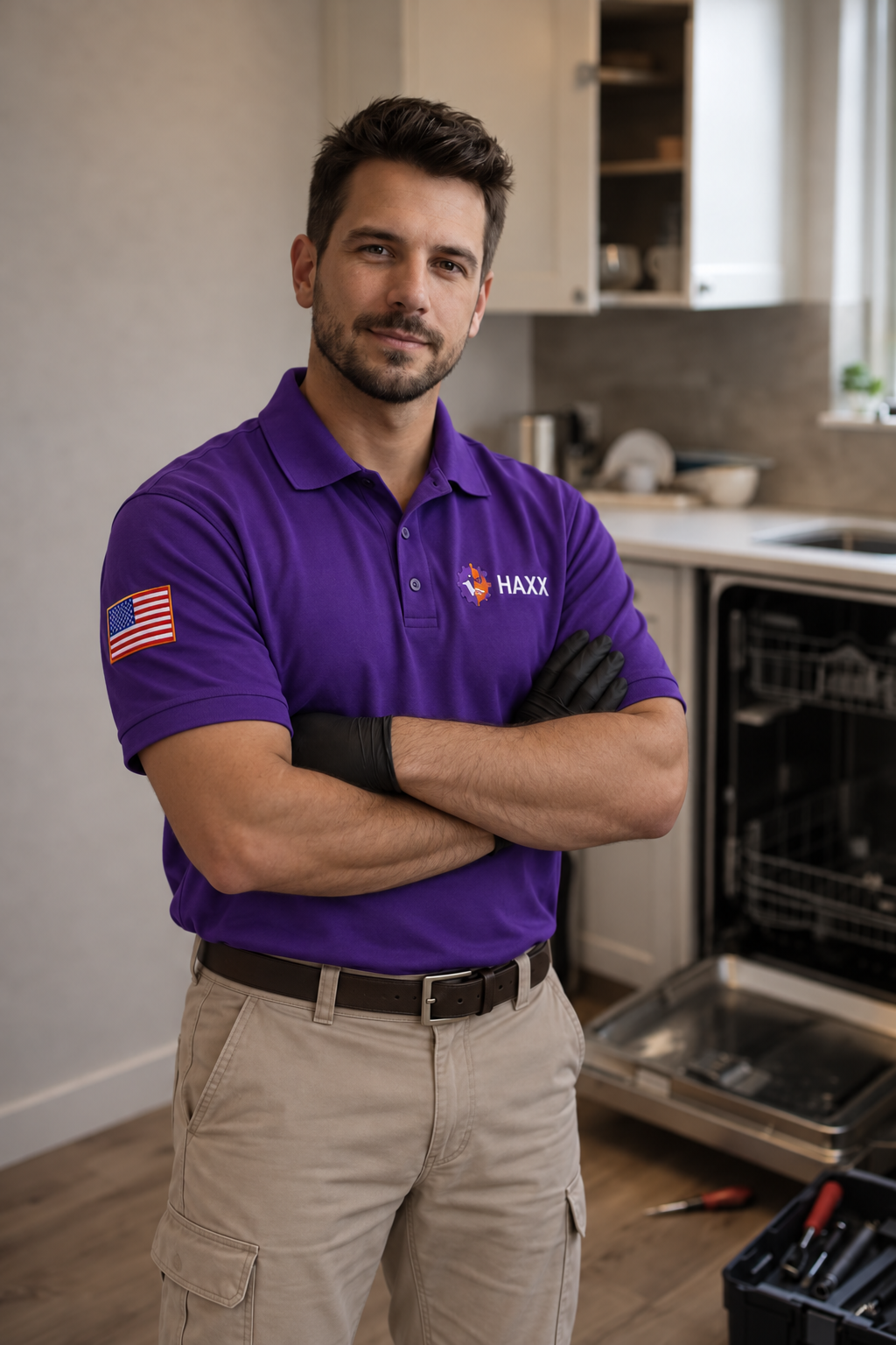 Edited concept portrait of a bareheaded technician in a purple HAXX and fox polo with a US flag sleeve patch and khaki work trousers beside a dishwasher
