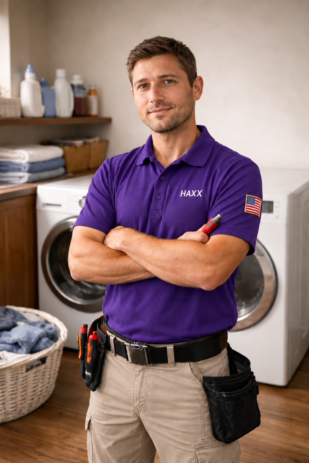 Edited concept portrait of a bareheaded technician in a purple HAXX polo with a US flag sleeve patch and light work trousers holding a hand tool beside laundry appliances