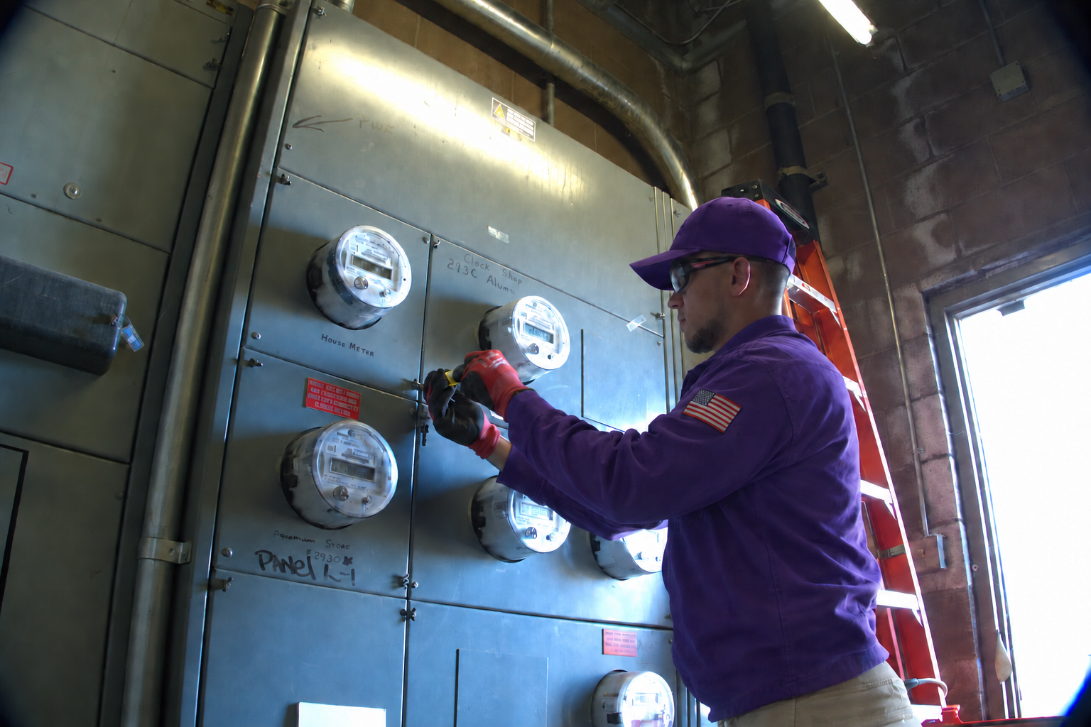 Edited concept image of a technician in a plain purple cap, purple work shirt with a US flag sleeve patch and light khaki trousers inspecting electrical meters