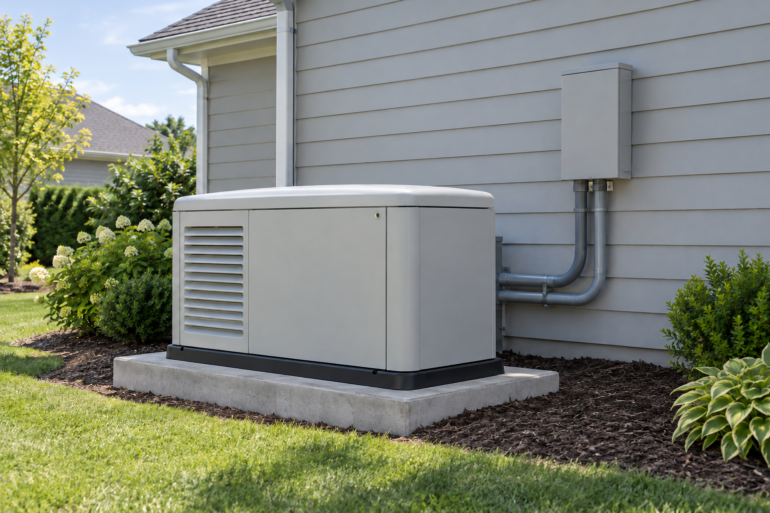Concept image of an outdoor residential standby generator on a concrete pad
