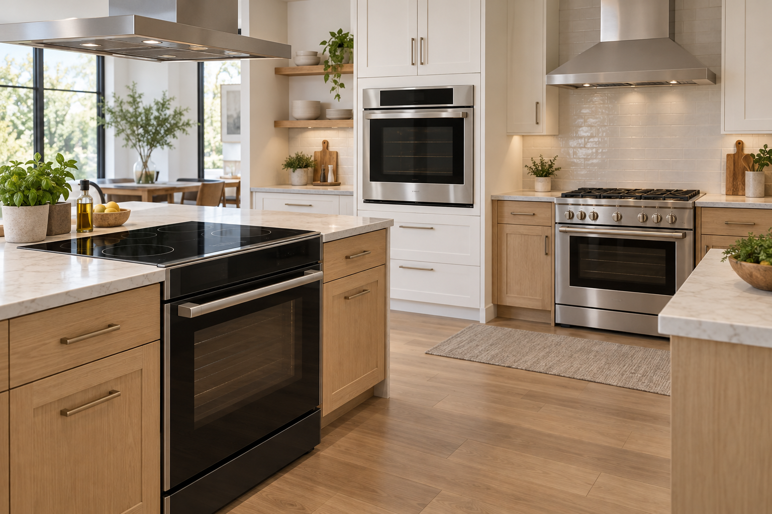 Concept image of a gas range in a clean kitchen appliance showroom