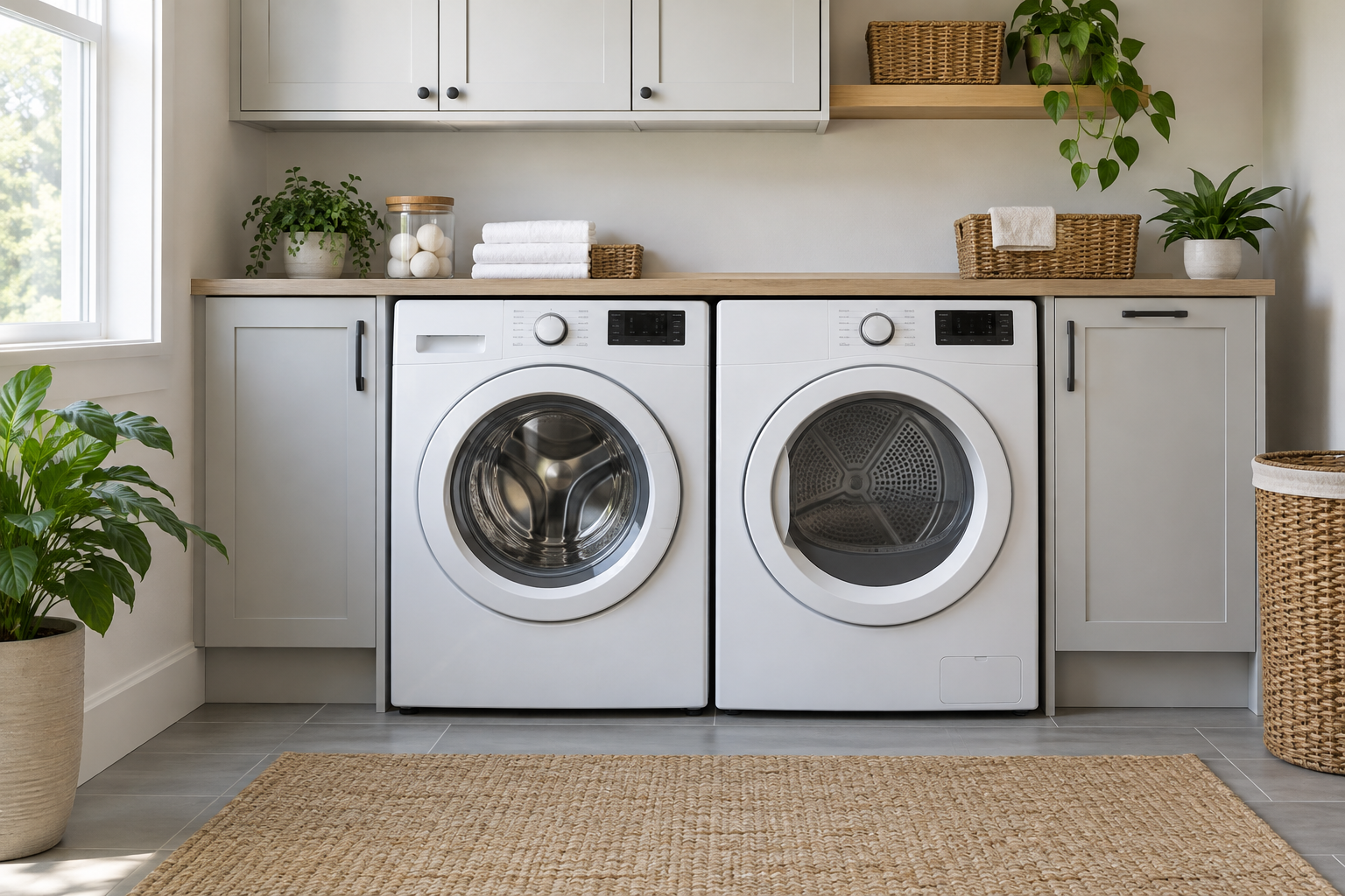 Concept image of a front-loading dryer in a clean residential laundry room