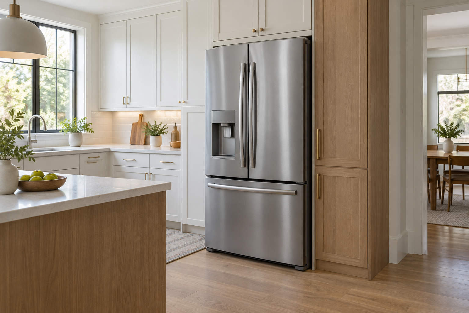 Concept image of a stainless steel refrigerator in a clean residential kitchen
