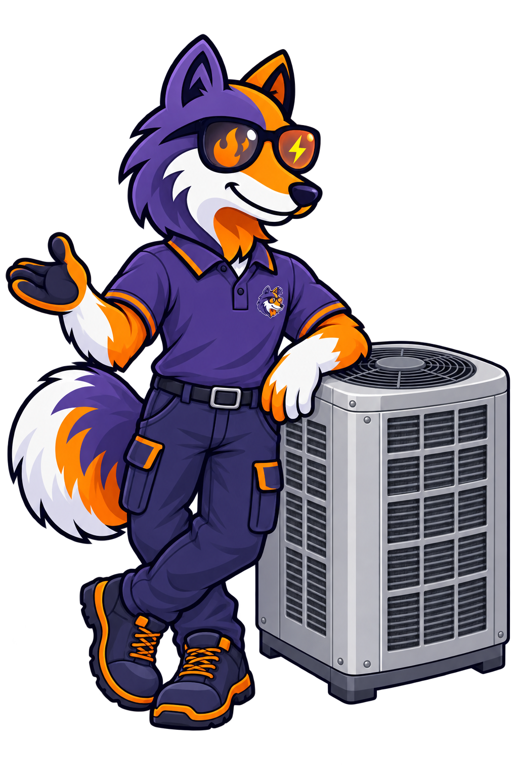 HAXX fox mascot leaning an elbow on an outdoor air-conditioning unit