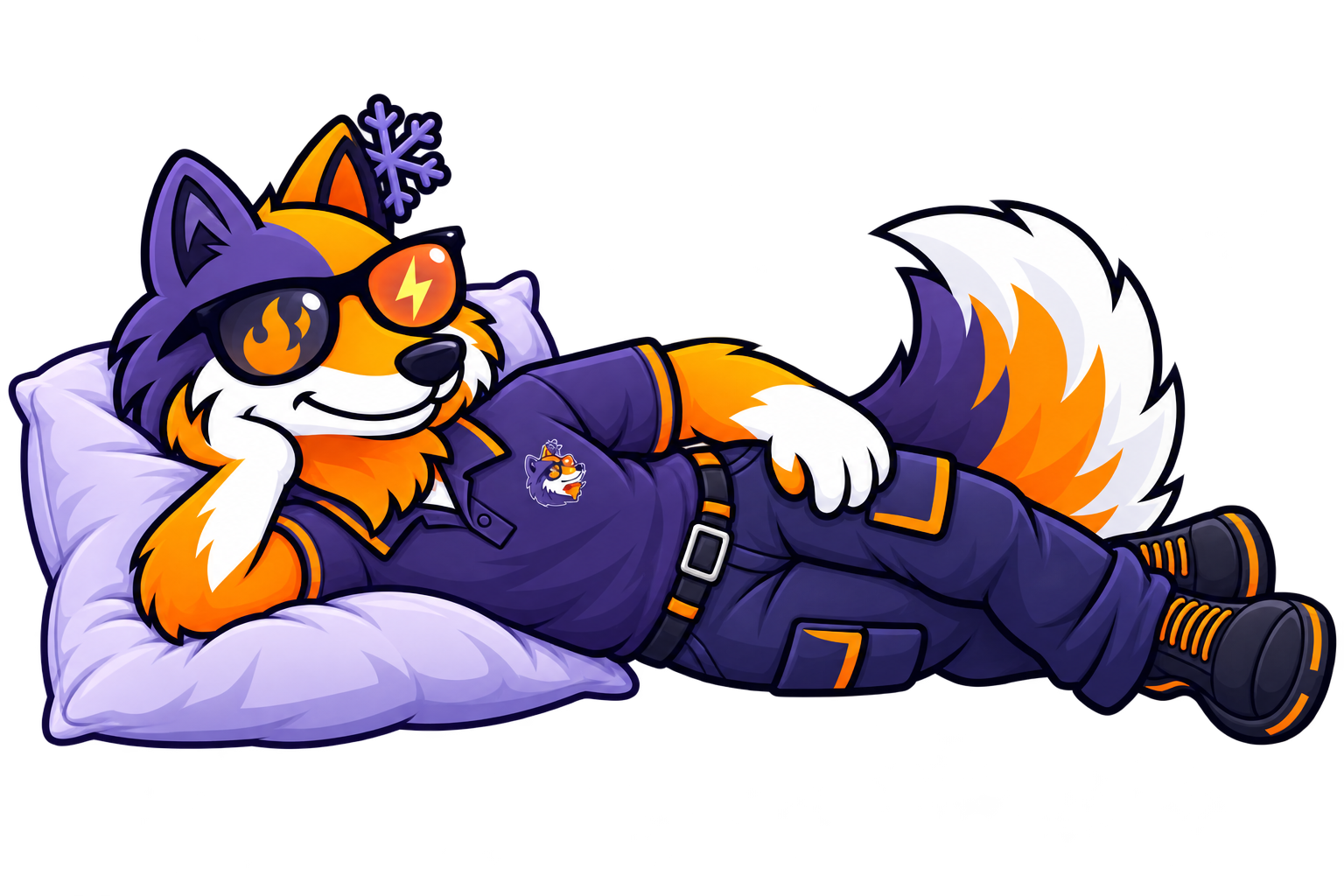 HAXX fox mascot relaxing on a lavender pillow with crossed ankles and looking toward the visitor