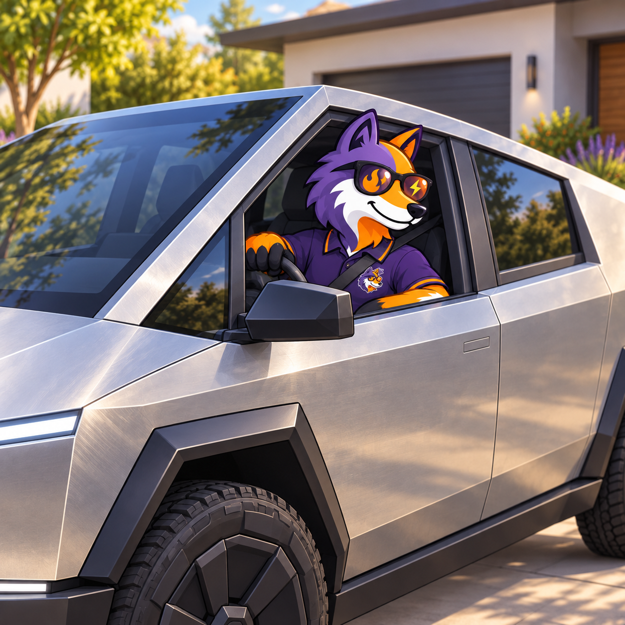 Brand illustration of the HAXX fox technician seated inside a parked silver Cybertruck
