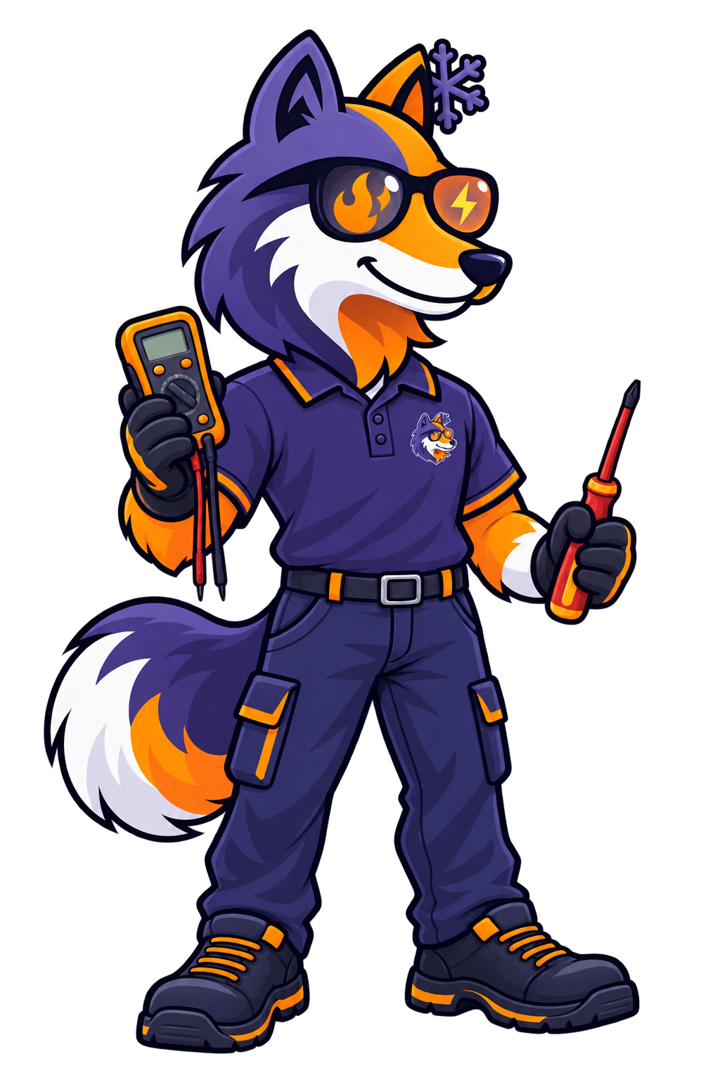 HAXX fox mascot holding a multimeter and insulated screwdriver