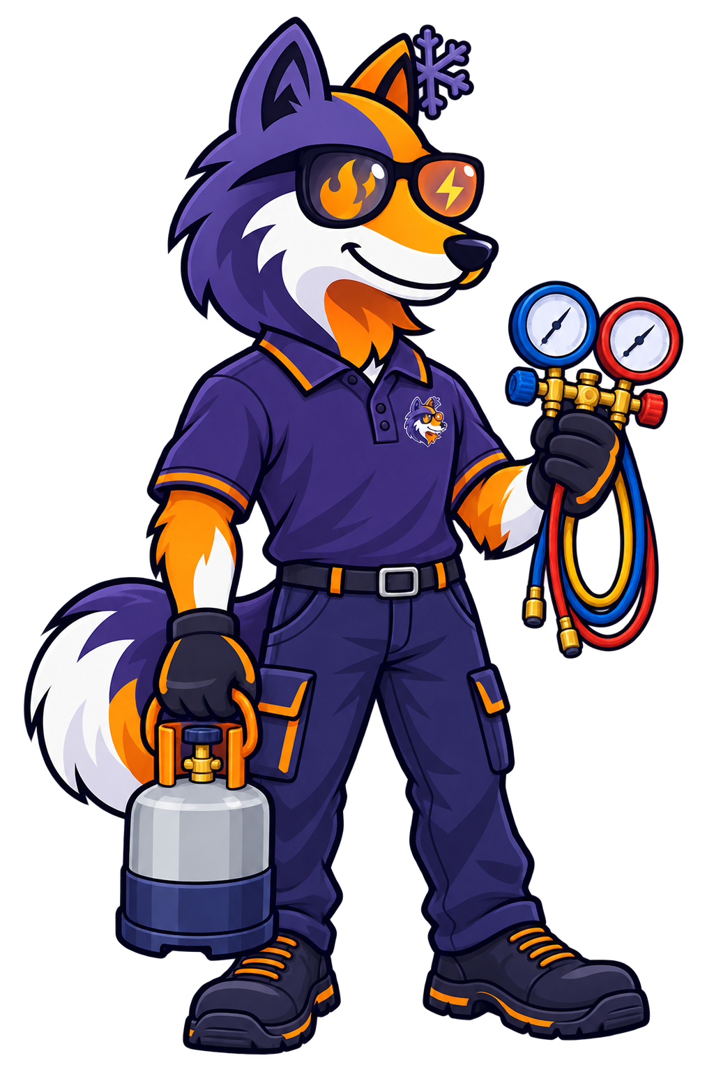 HAXX fox mascot holding HVAC gauges and a cylinder