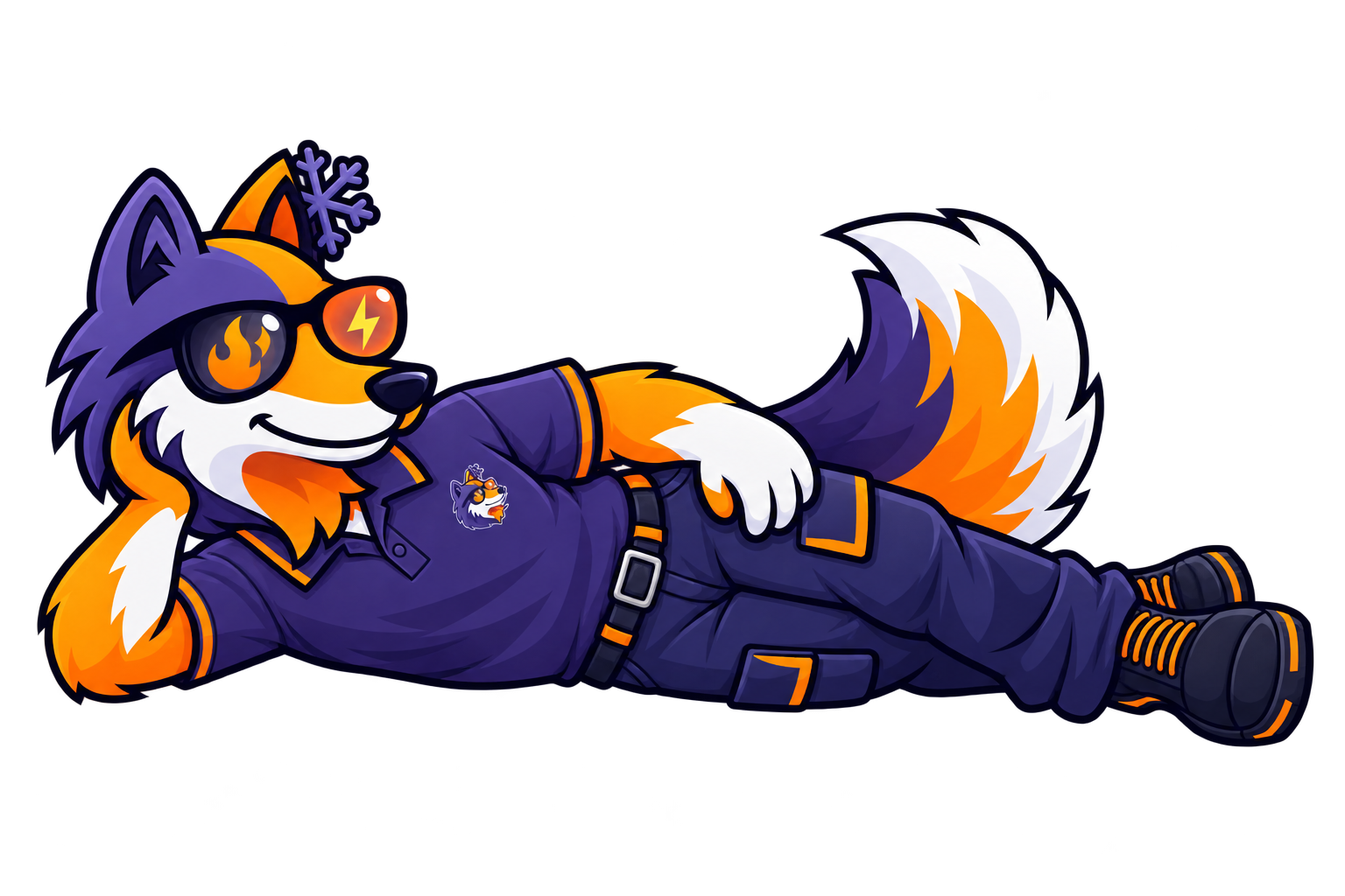 HAXX fox mascot relaxing on its side with its head resting in one hand