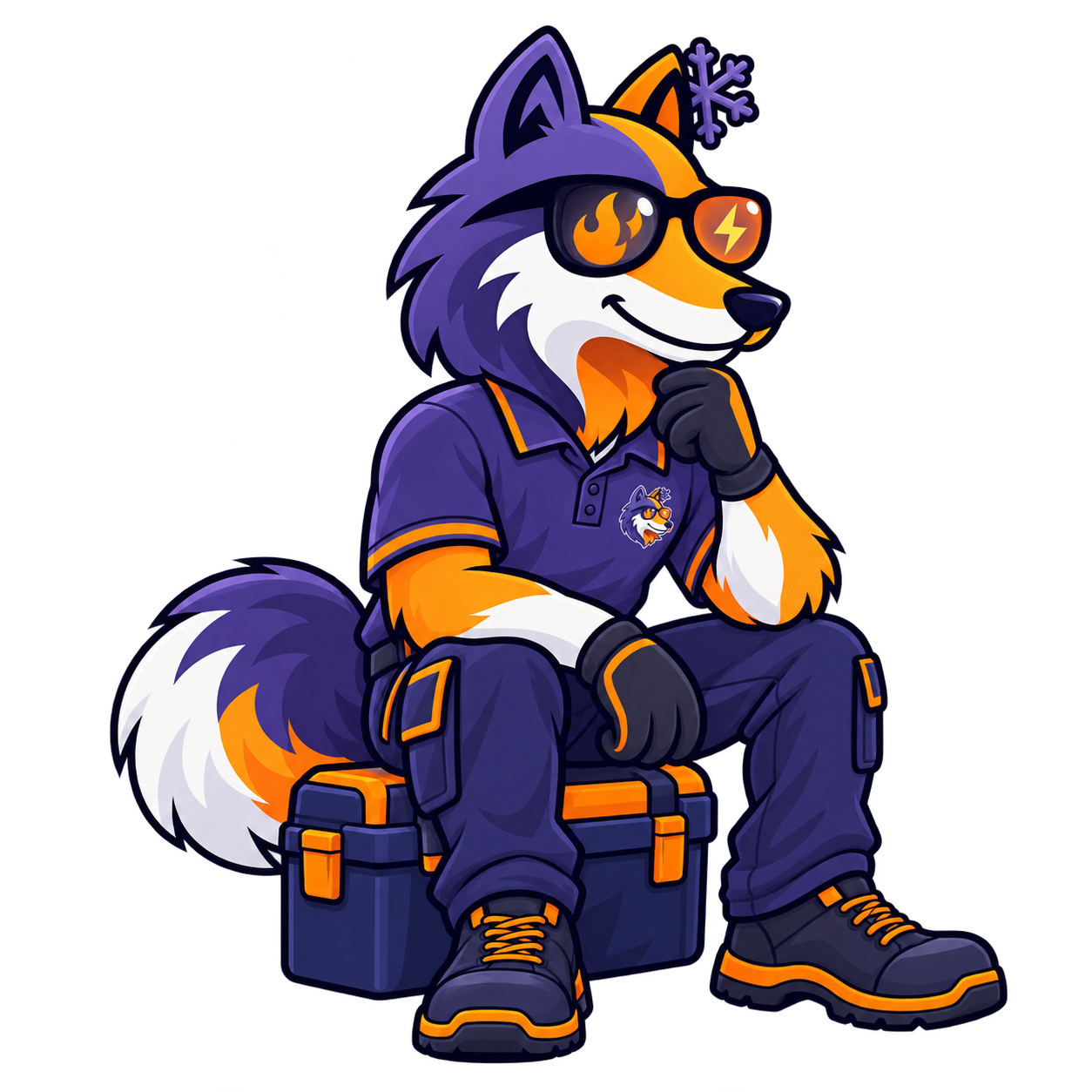 HAXX fox mascot sitting on a toolbox and thinking