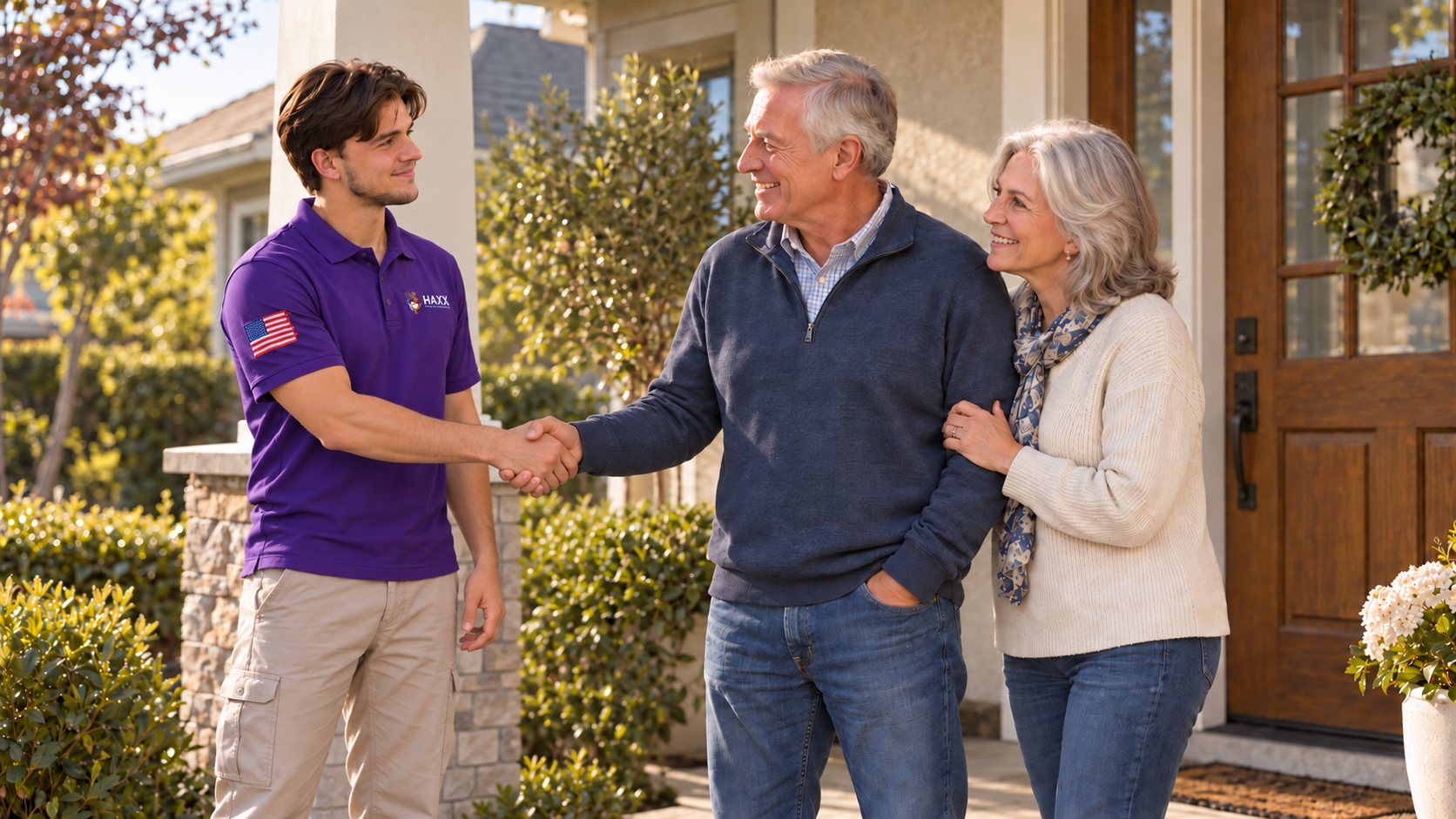 Concept image of Ruslan standing back with an extended arm and making natural eye contact with an older homeowner during a handshake