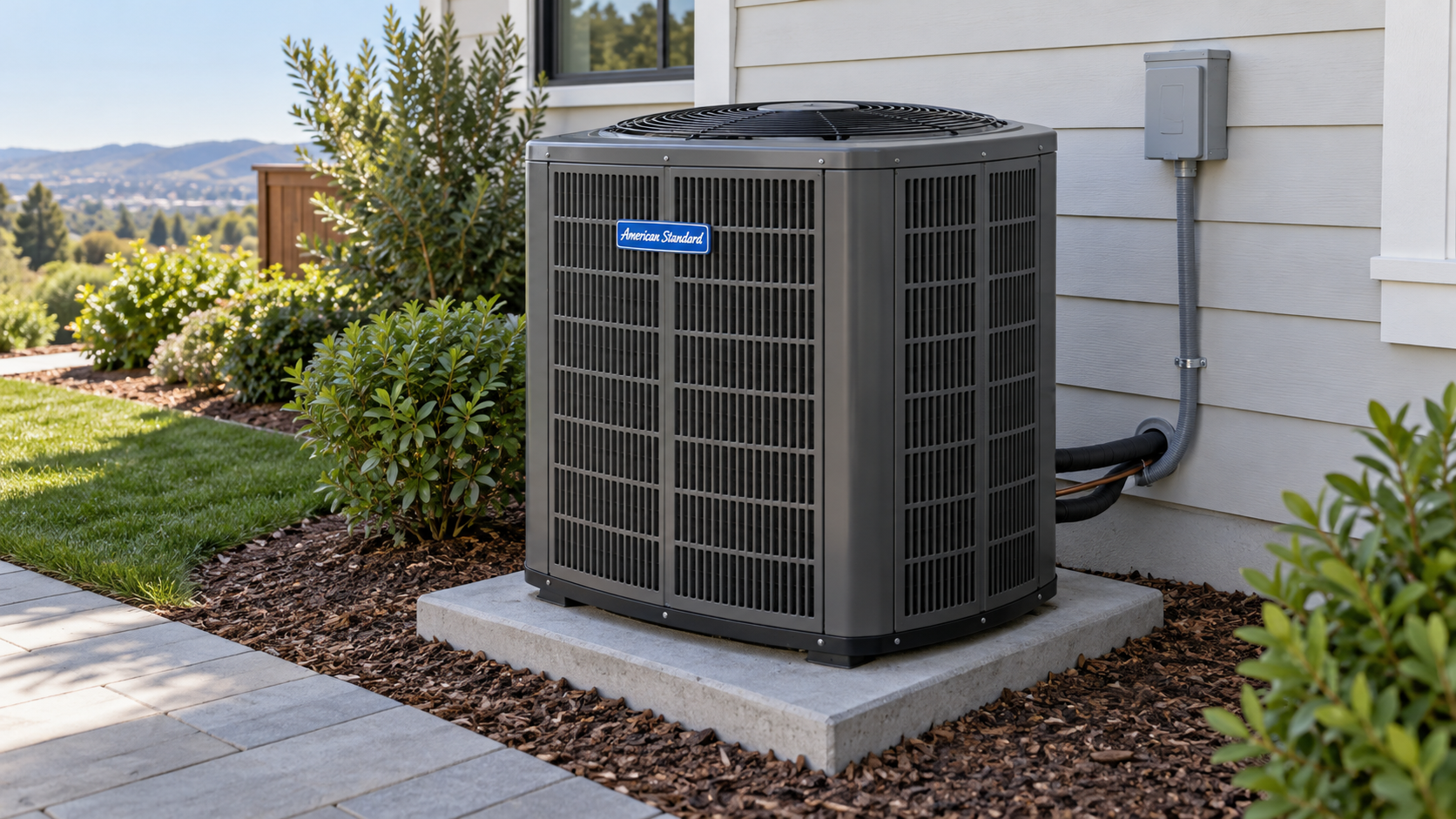 Concept image of an American Standard outdoor air-conditioning unit beside a home