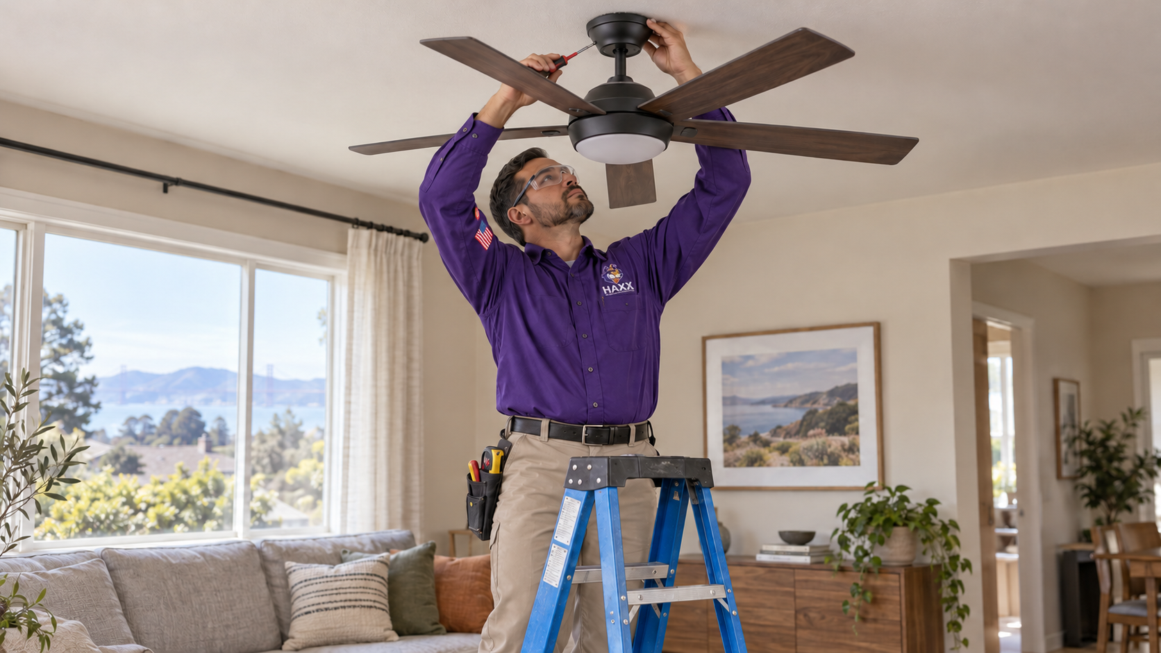 Concept image of a HAXX technician in a purple shirt with a flag sleeve patch and light work trousers replacing a ceiling fan in a living room
