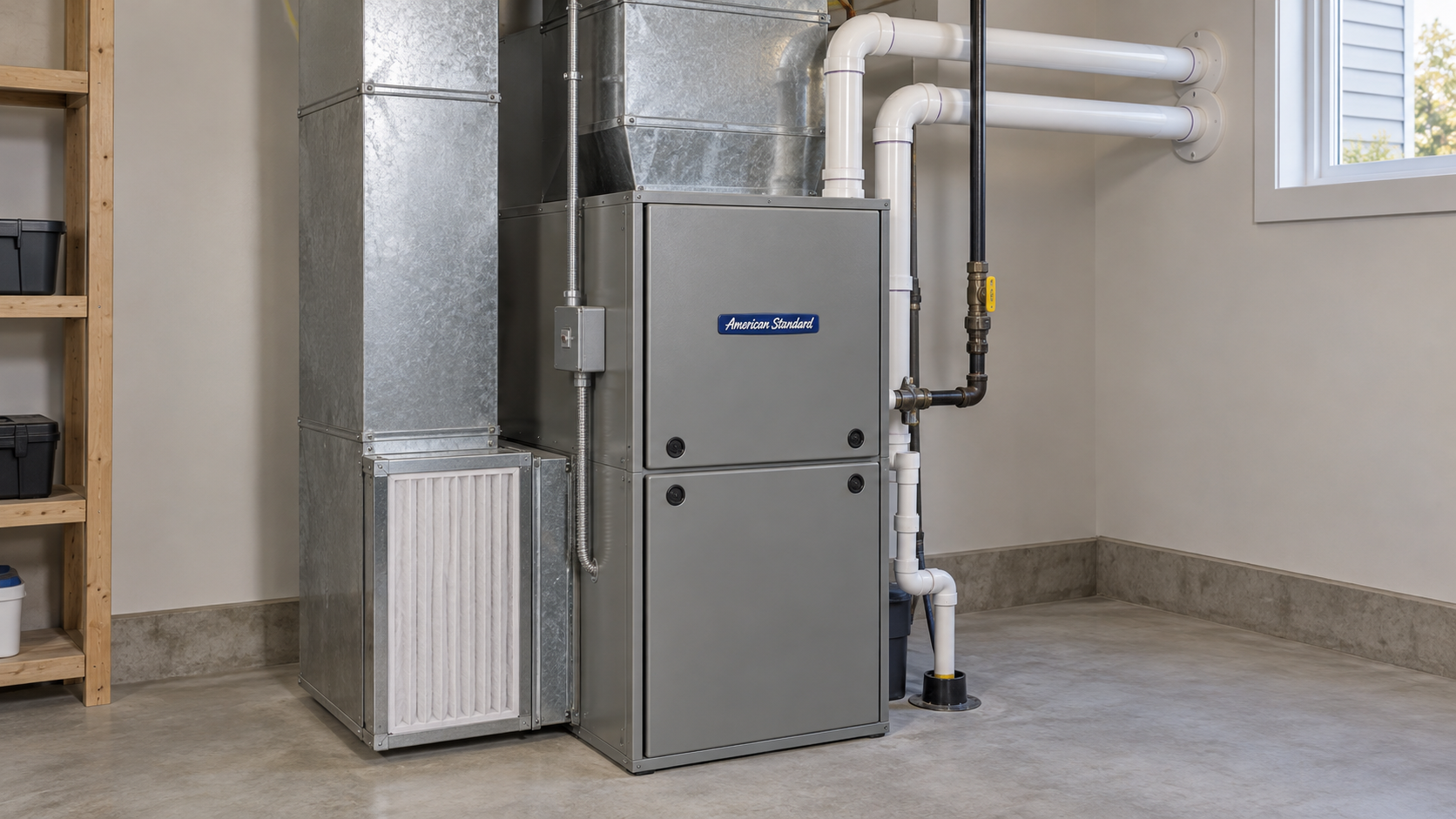 Concept image of a professionally installed American Standard furnace and ductwork in a tidy utility room