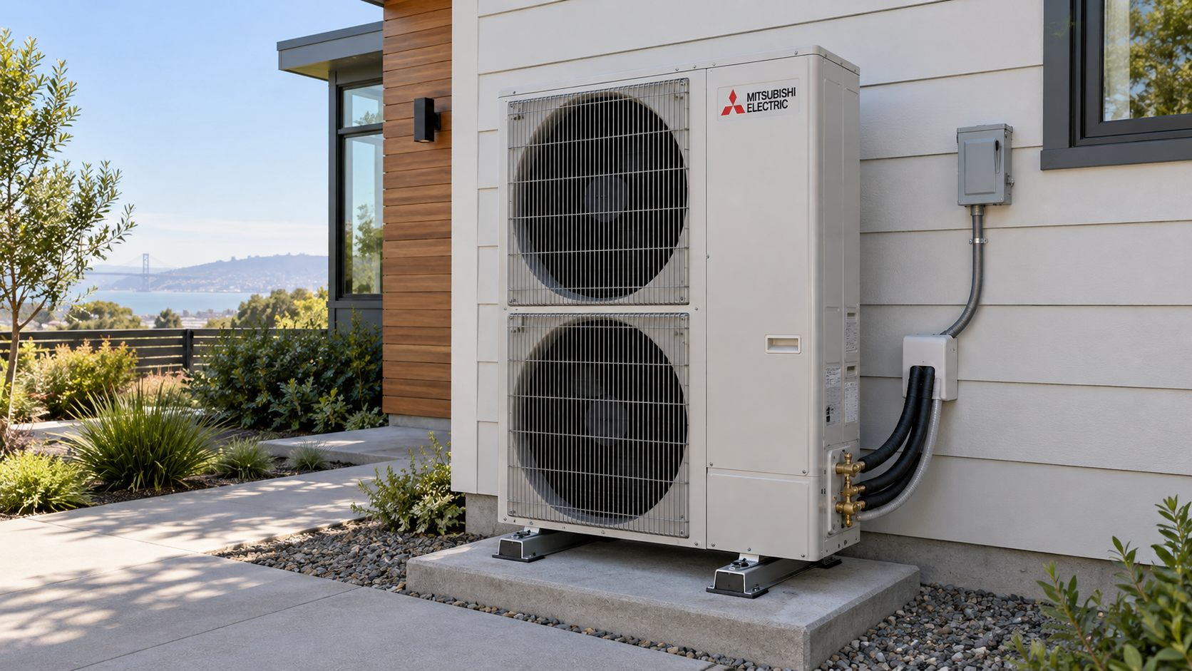 Concept image of a Mitsubishi Electric outdoor heat pump beside a modern home