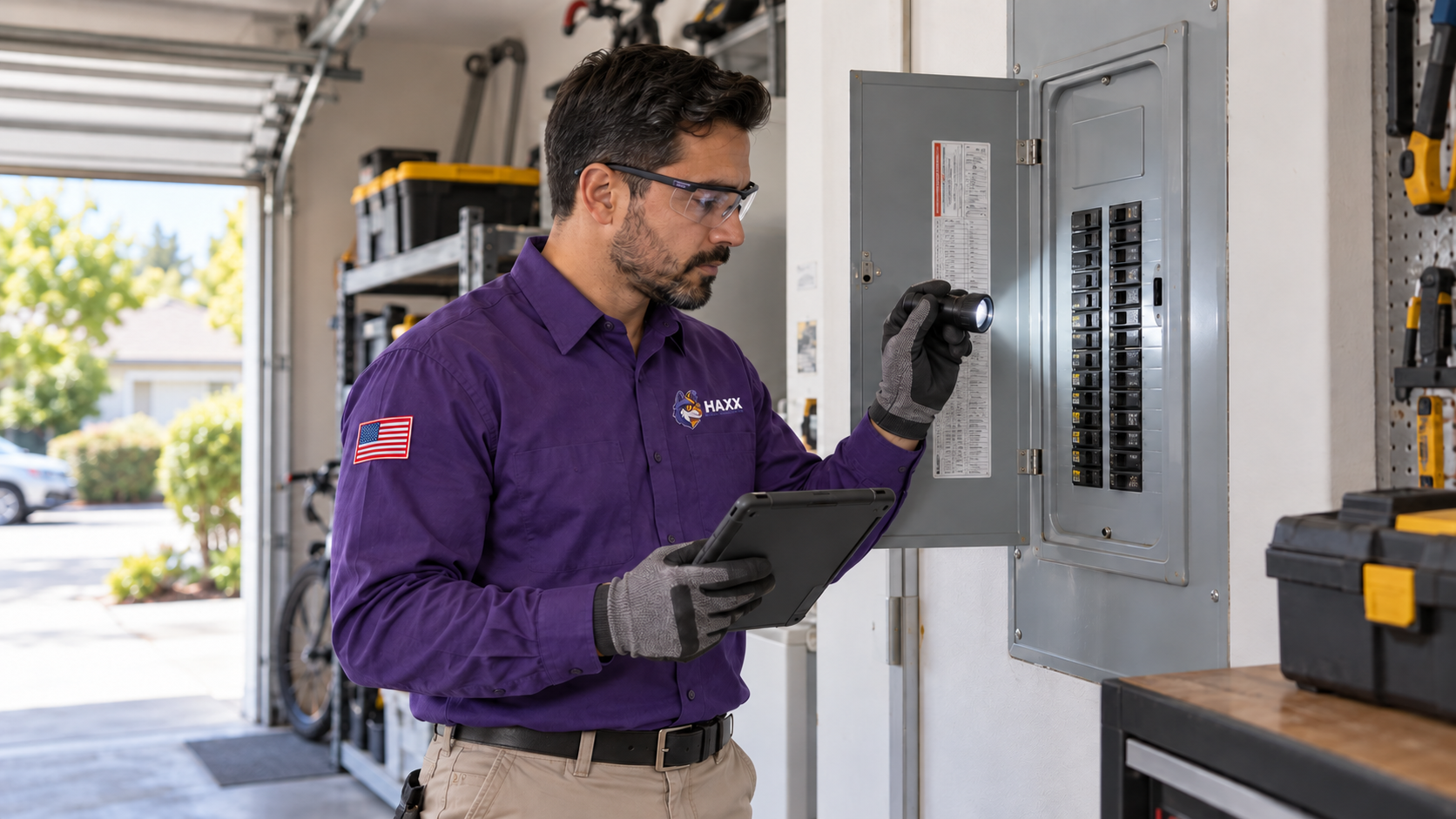 Concept image of a HAXX technician in a purple shirt with a flag sleeve patch and light work trousers inspecting a breaker panel with a flashlight and tablet