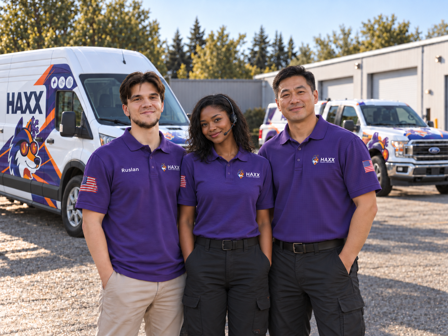 Concept image of Ruslan, a Black woman dispatcher wearing a headset and a Chinese technician in purple uniforms beside HAXX Ford vehicles