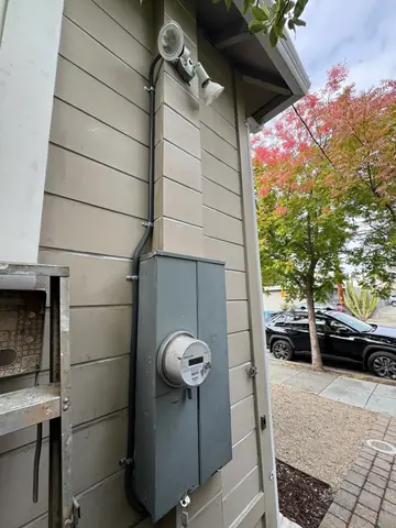 Electrical meter and panel enclosure with conduit mounted on a house side wall