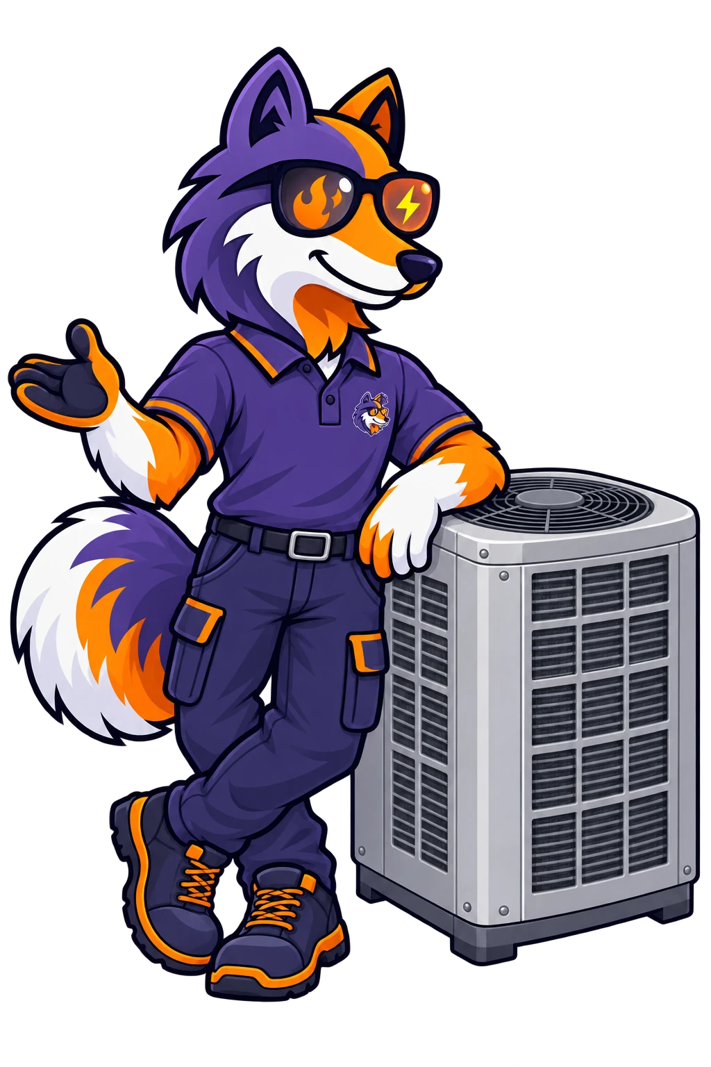 HAXX fox mascot beside an air conditioning unit