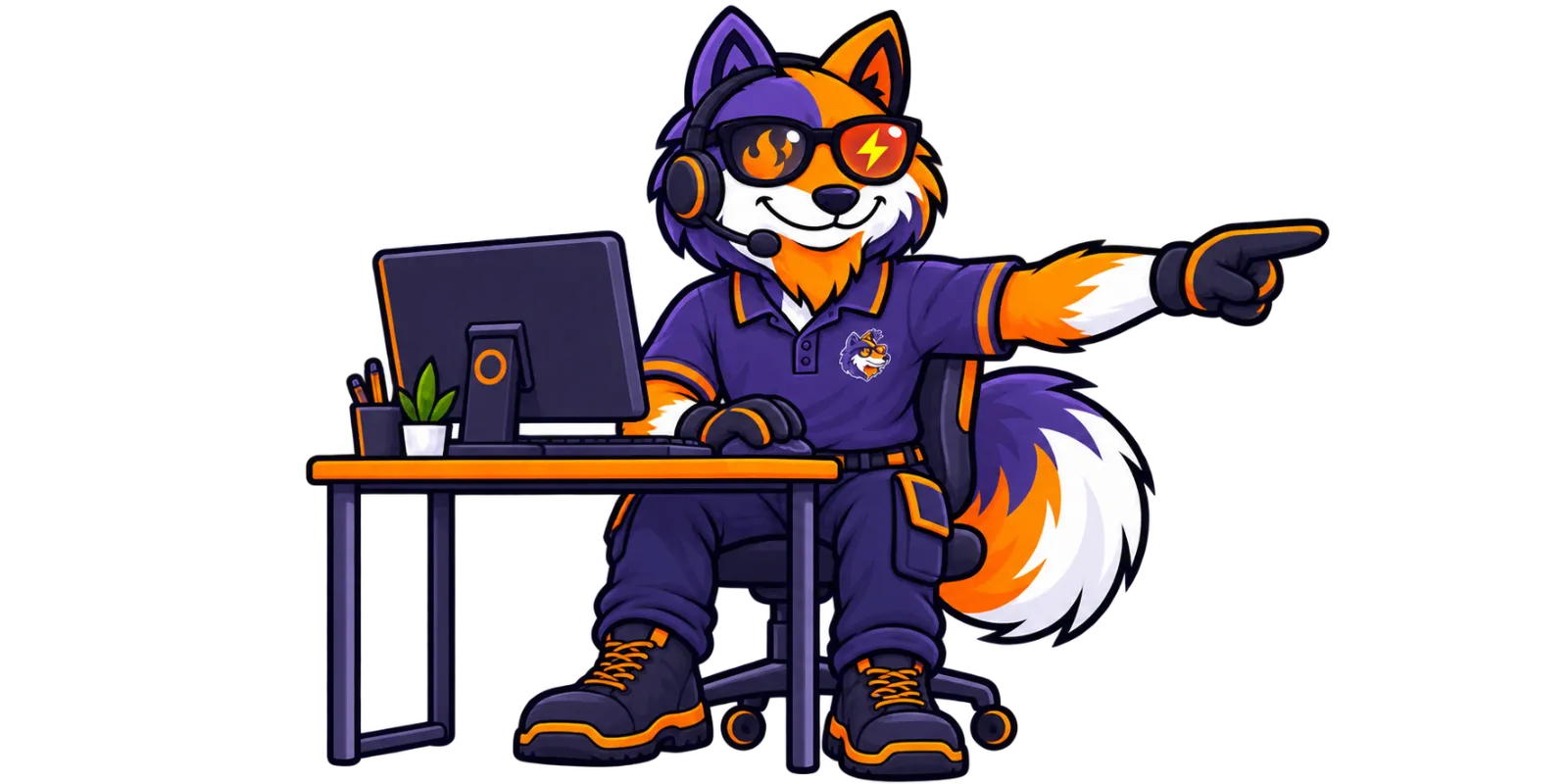 HAXX fox operator wearing a headset at a computer and pointing toward the phone button